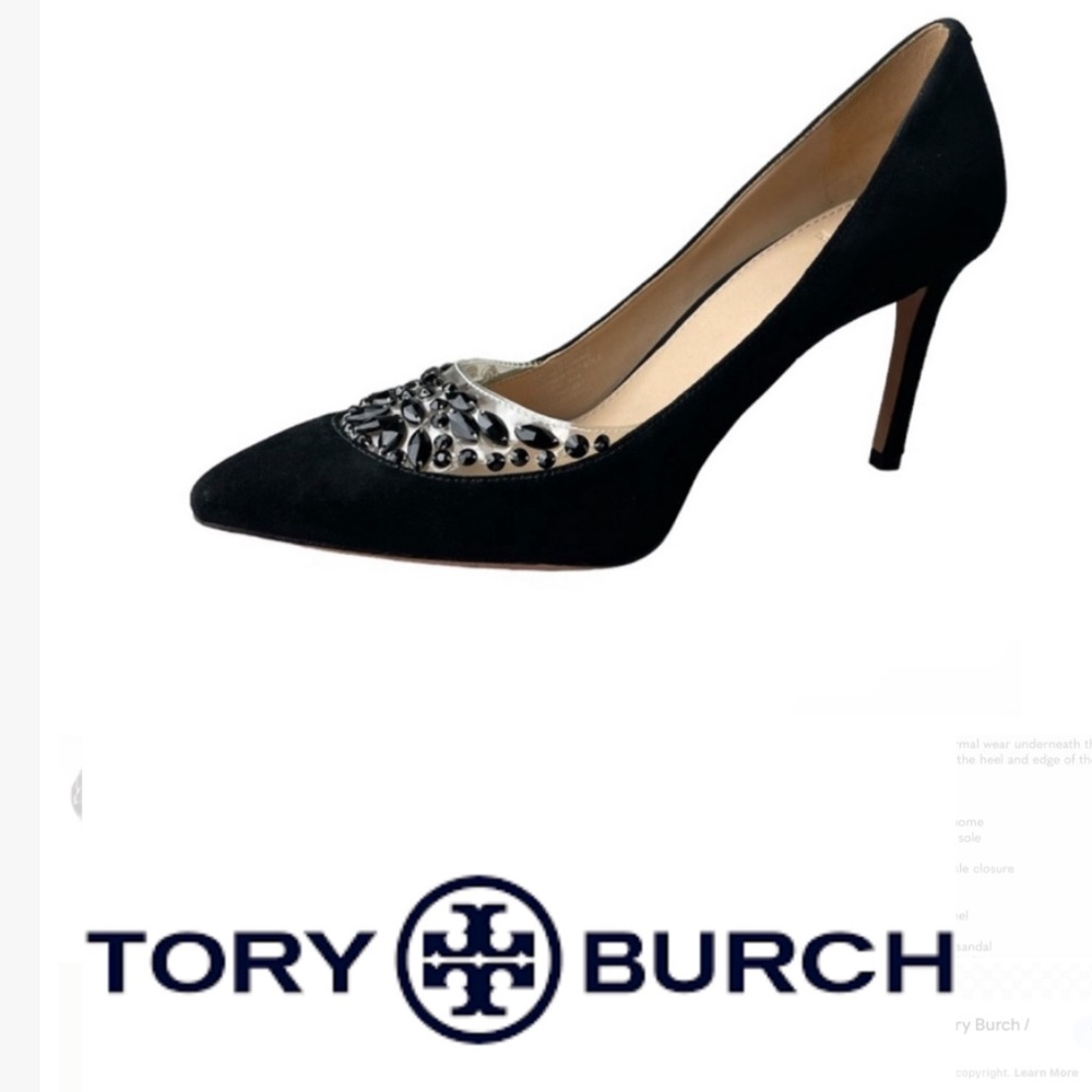 Tory Burch Delphine Black suede Leather Embellished Pumps Heels Size 5 women